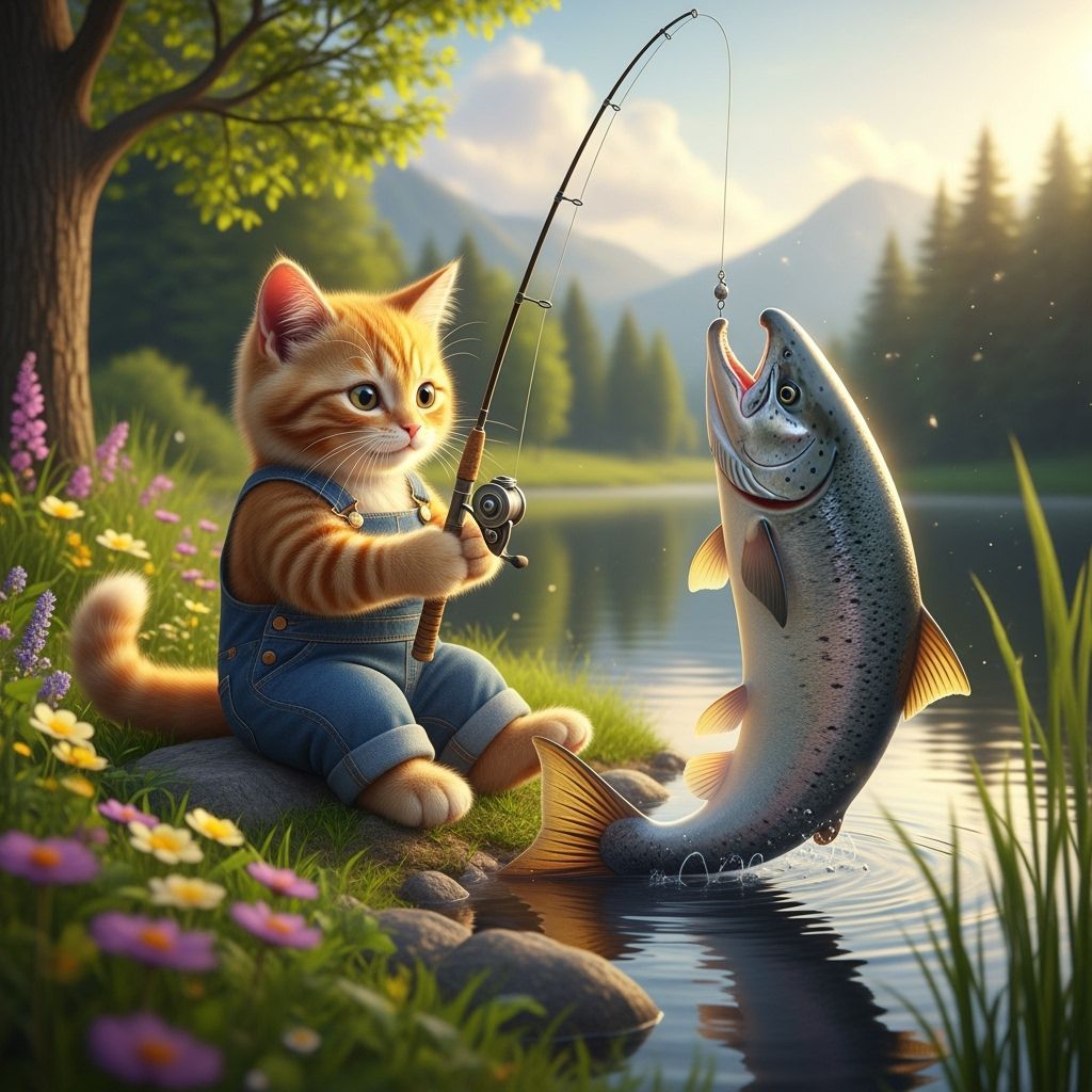 Cute Cat Reeling in a Big Fish by Lake
