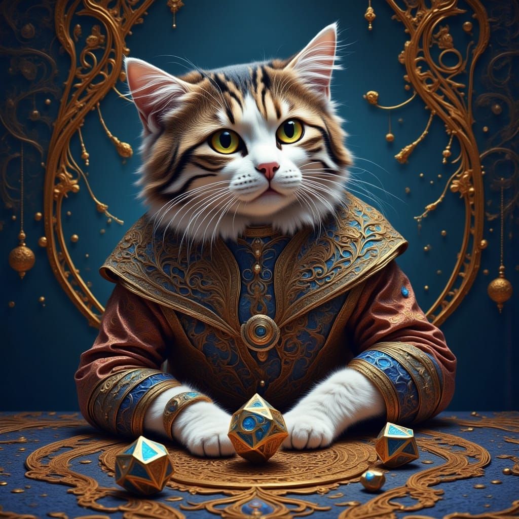 Fantasy Cat in Paisley Attire Rolls a Shiny D20 in Medieval ...