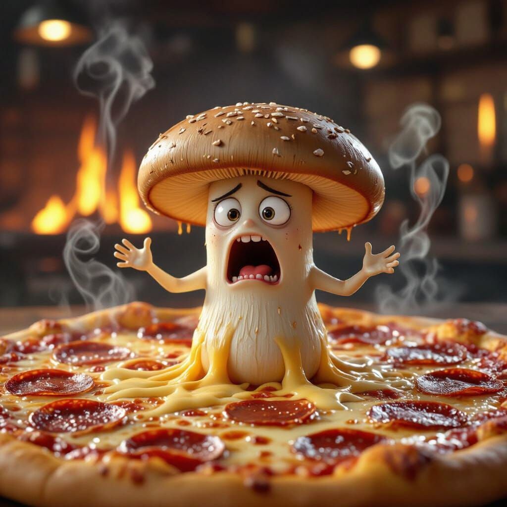 Mushroom's Pizza Panic: Hyper-Realistic CGI Render