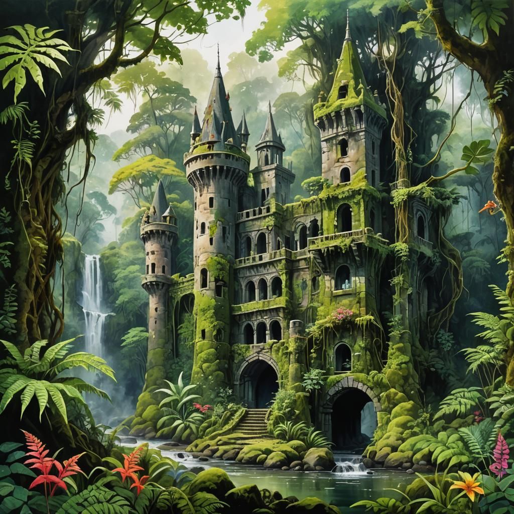 Jungle Castle Ruins: Watercolor Painting