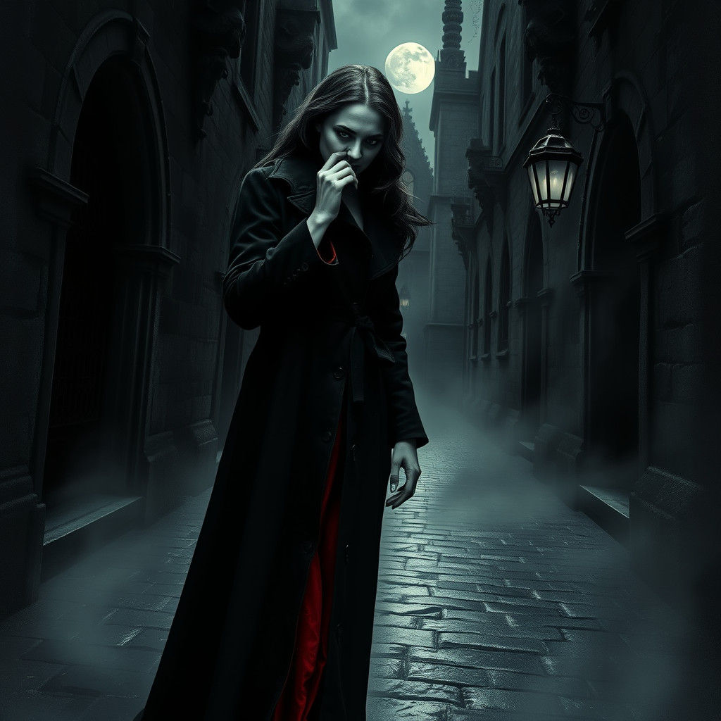 Vampire in Dark Alleyway as Charcoal Drawing