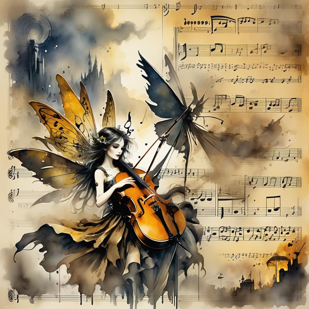 Mélusine Fairy Illustration on Vintage Music Score