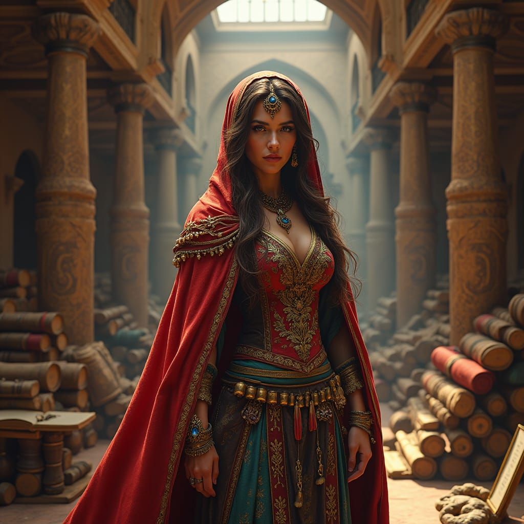 Pirate Woman Enters Alexandria Library in Fantasy Concept Ar...