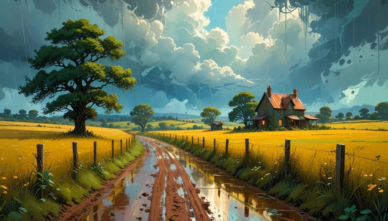 Summer Rain Landscape with Country House