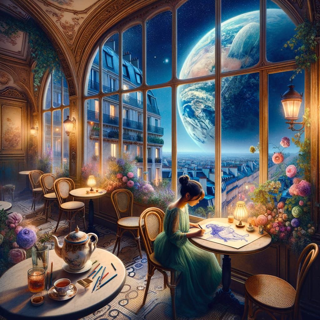 Parisian Cafe with Earth View and Blooming Art