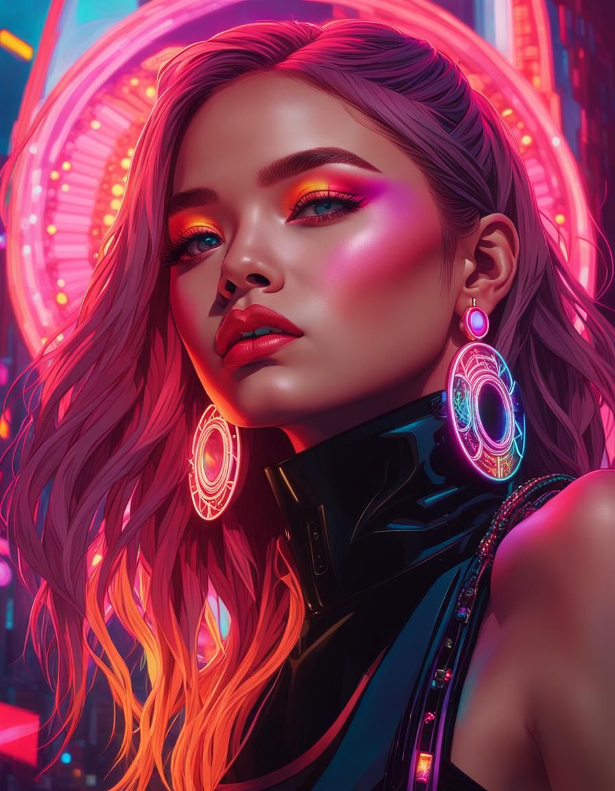 Neon Cyberpunk Portrait with Art Nouveau Elements