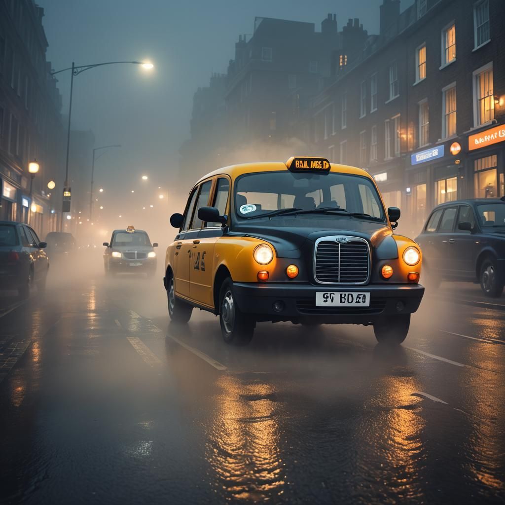 London Taxi Cab in Misty Night: Fantasy Concept Art