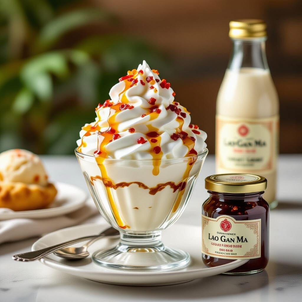 Spicy Chili Oil Ice Cream Sundae in Food Photography Style