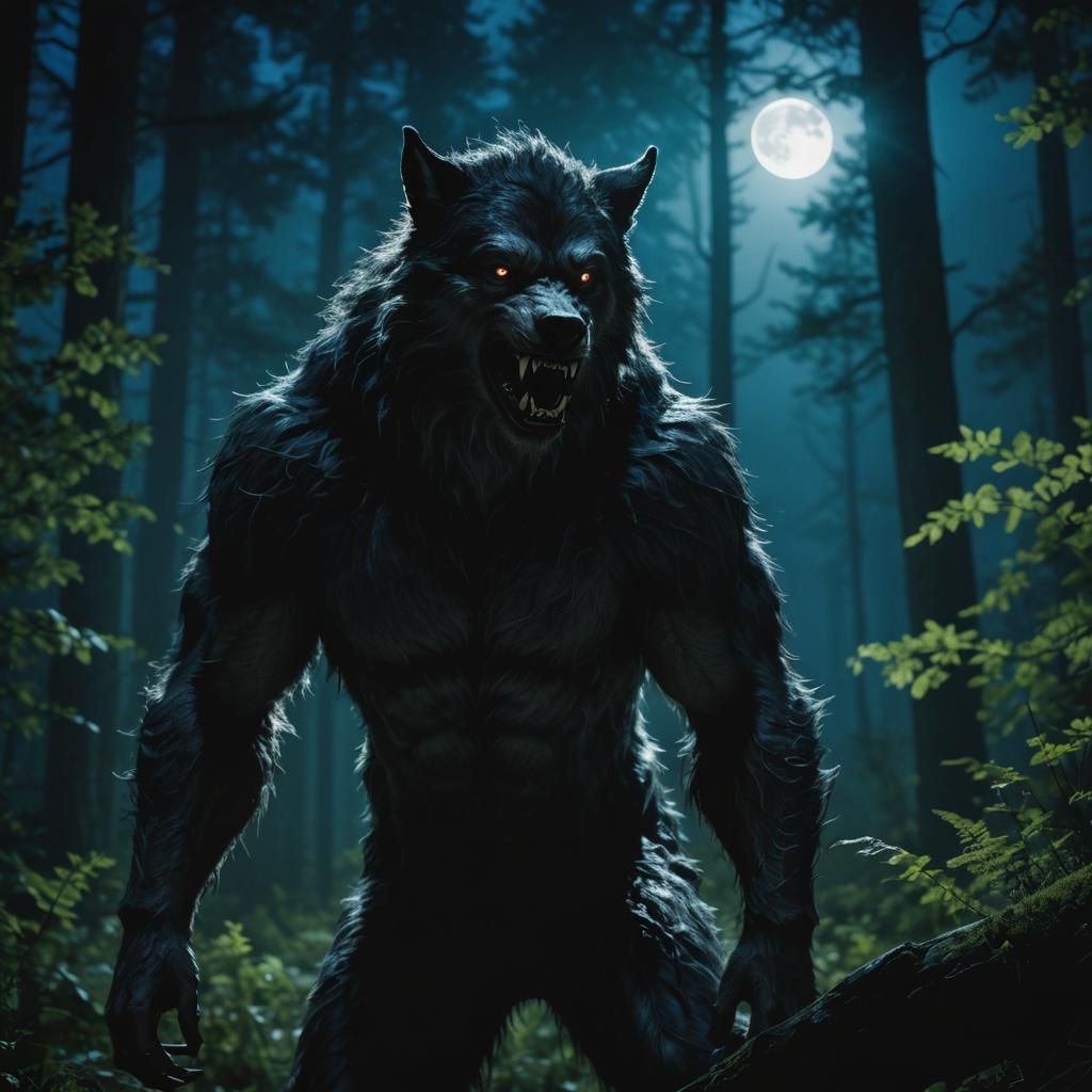 Photorealistic Werewolf Under Moonlight in Forest