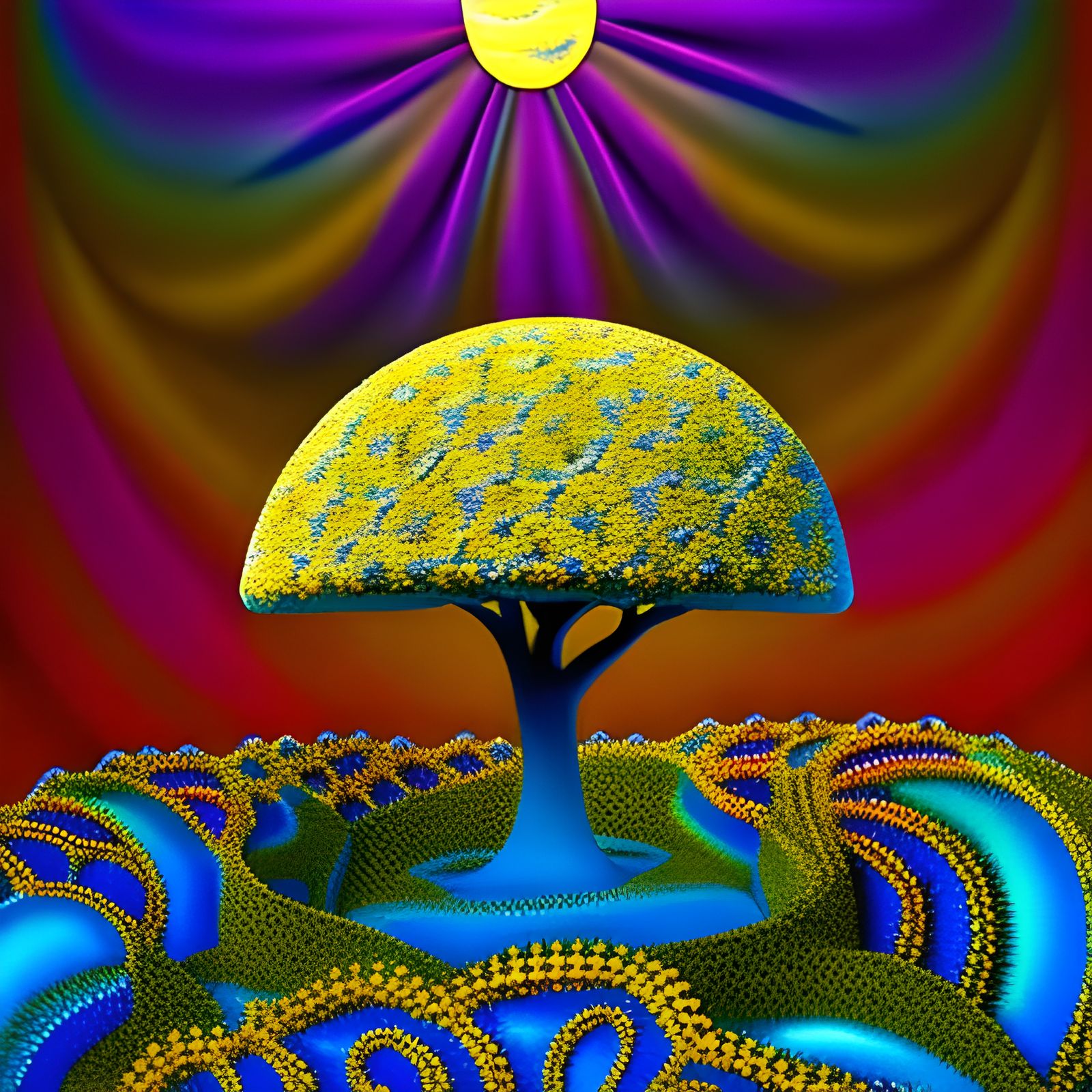 Surreal Moon Garden with Mushroom, Ornate Art