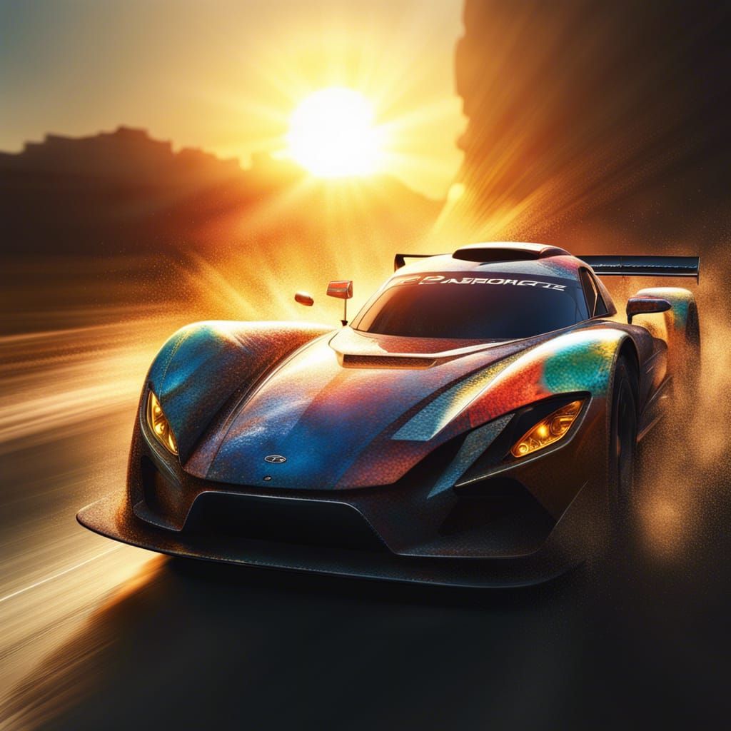 Car Racing Toward Sunrise: Hyperrealistic Splash Art