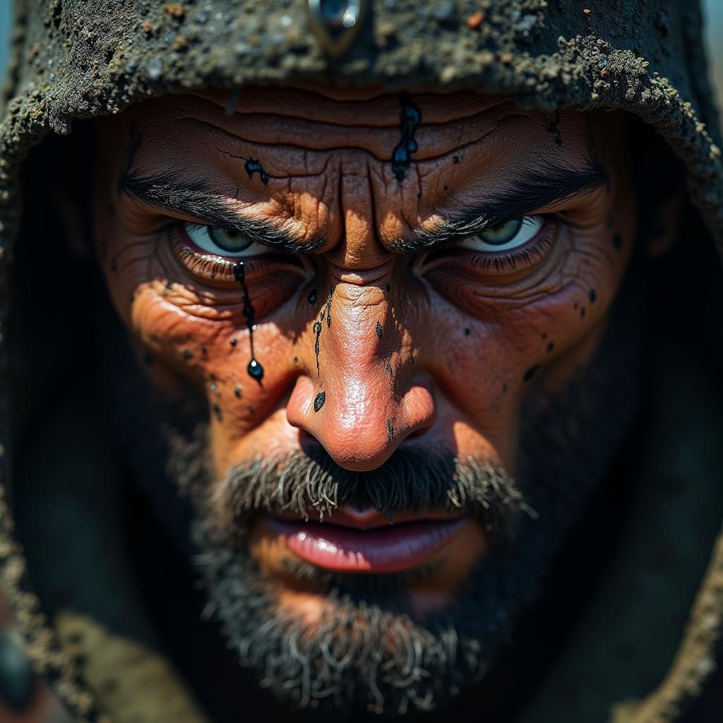Weathered Warrior's Face: Intense Manga-Inspired Close-Up