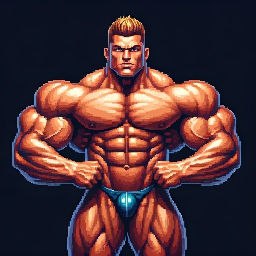 Hyper-Muscular Bodybuilder in Pixel Art Style