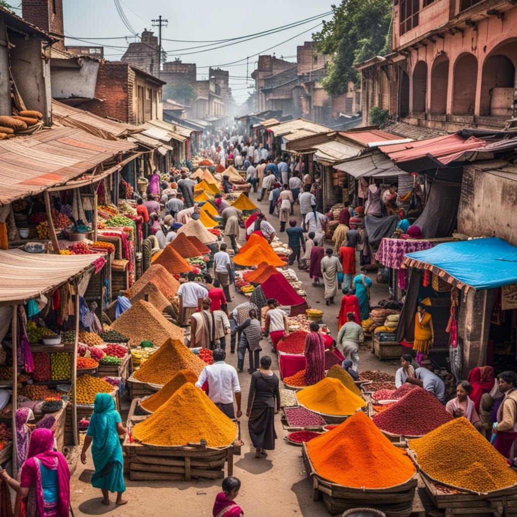 Vibrant Street Market in India: Spices and Textiles