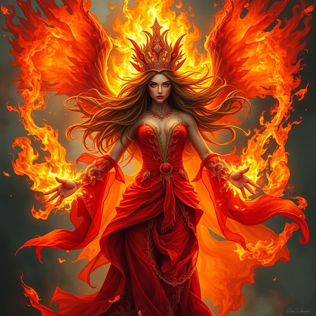 Fiery Goddess Queen in Explosions, Digital Art
