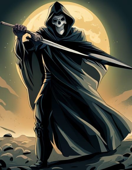 Grim Reaper with Gun and Blade in Misty Scene