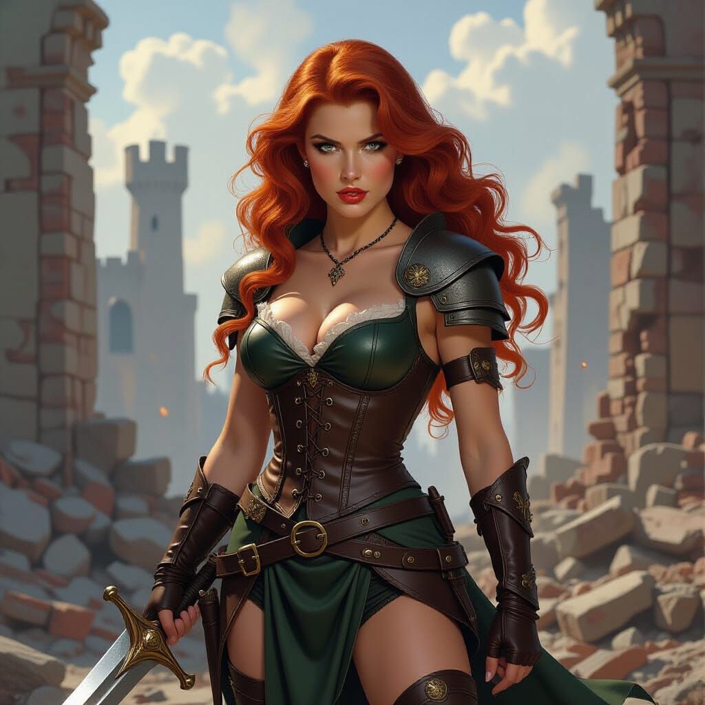 Fiery Heroine in Ruins: Epic Fantasy Art
