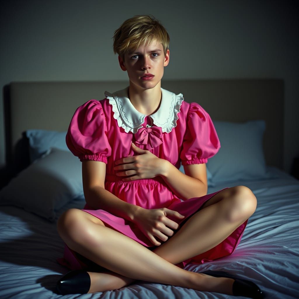 Young Man Conveys Anxiety in a Vibrant Pink Mini Dress