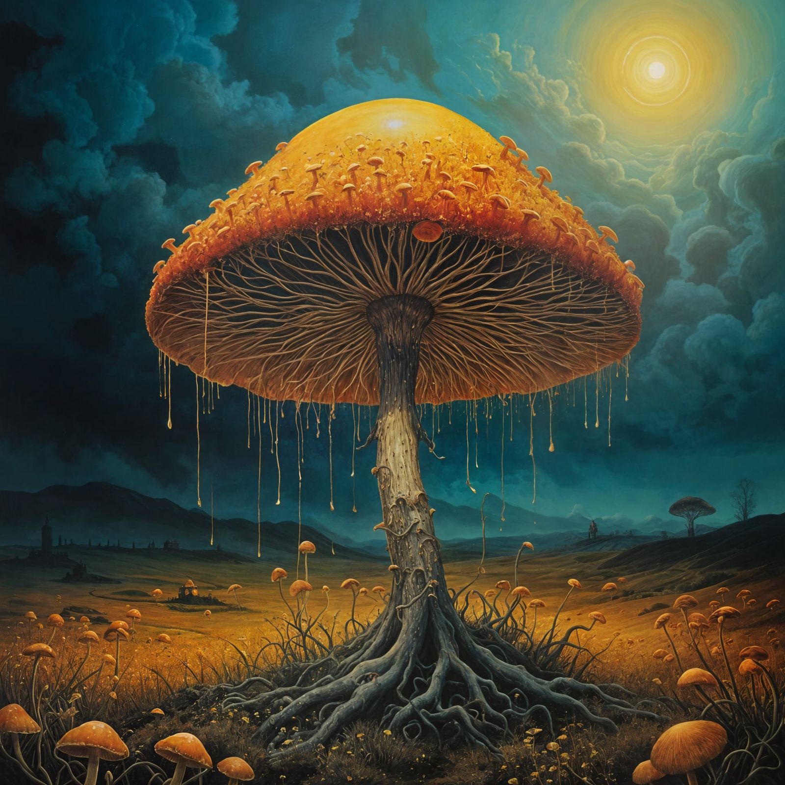 Surreal Flower Field Scene with Melting Mushroom