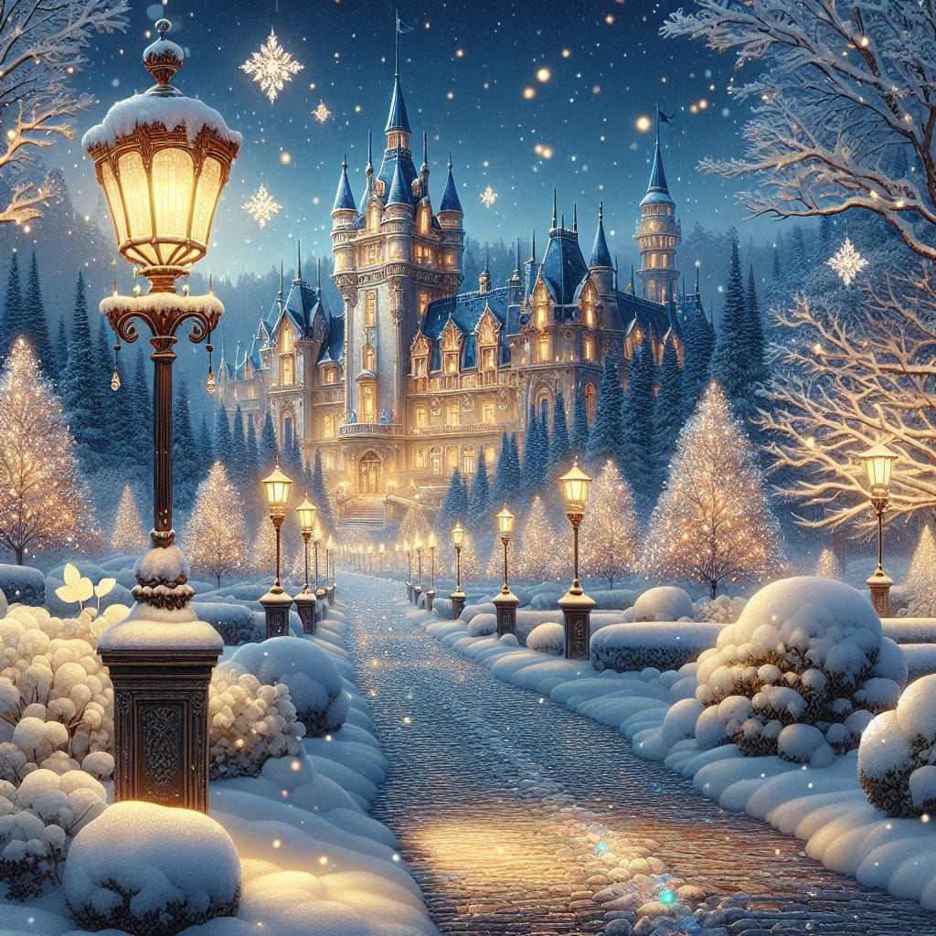 snow-covered pathway leads to an illuminated "Beauty and the Beast" castle, surrounded by snow-laden trees and glowing s...