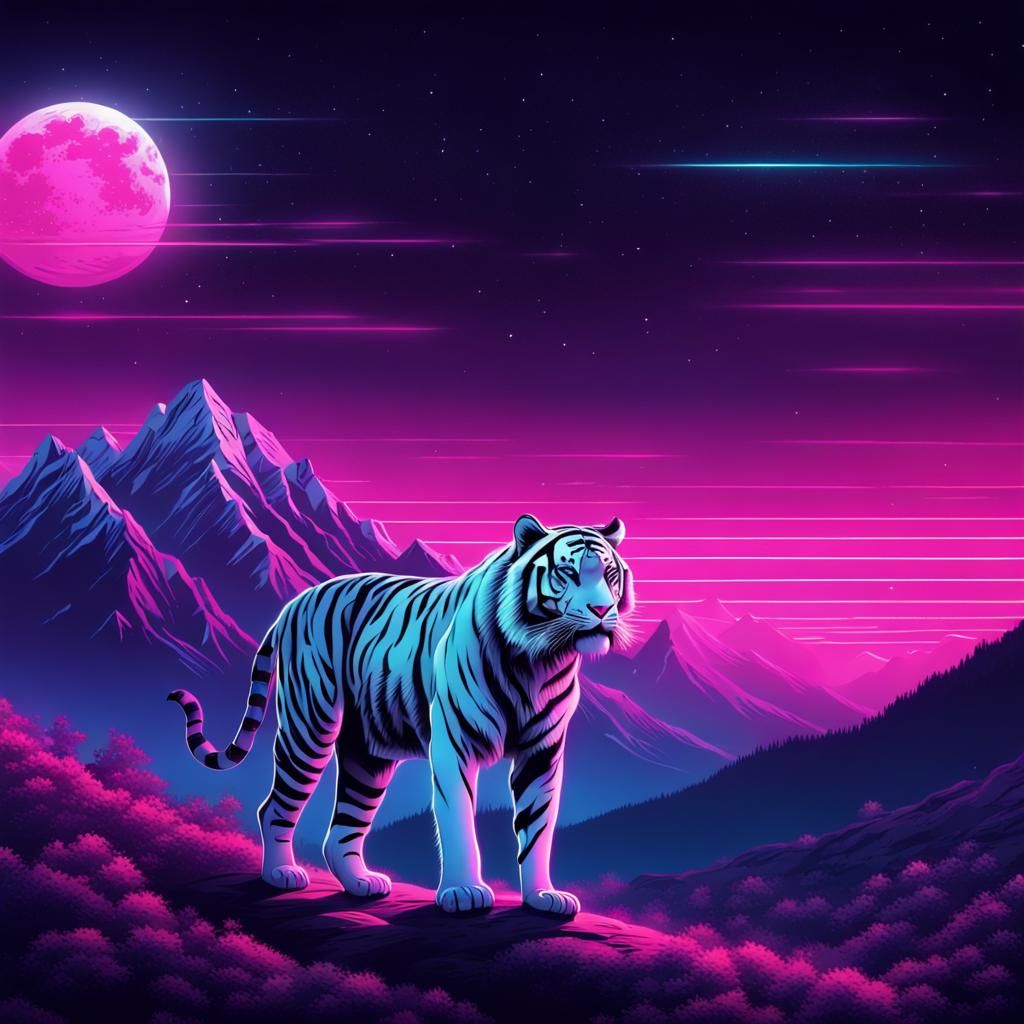 Synthwave Tiger Under a Starry Mountain Sky