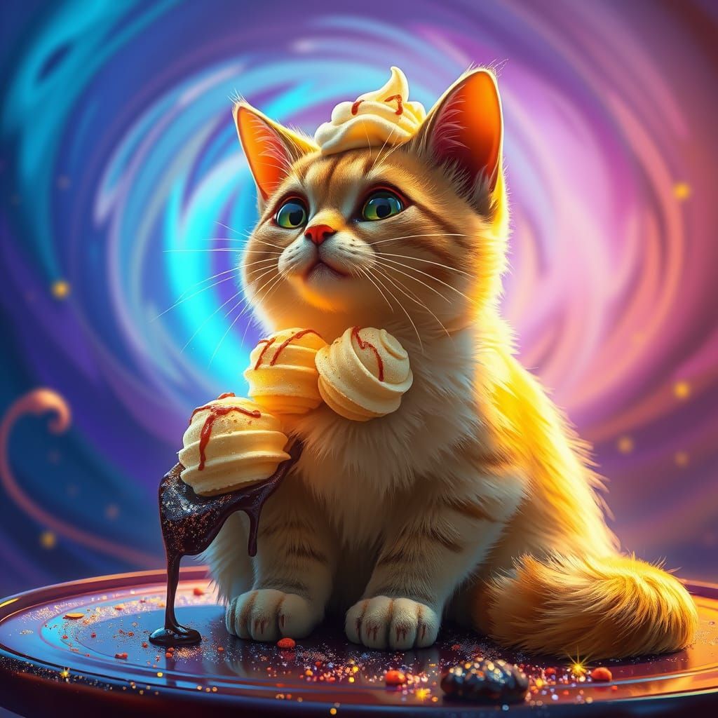 Enchanted Feline Admires Vibrant Banana Split in Whimsical P...