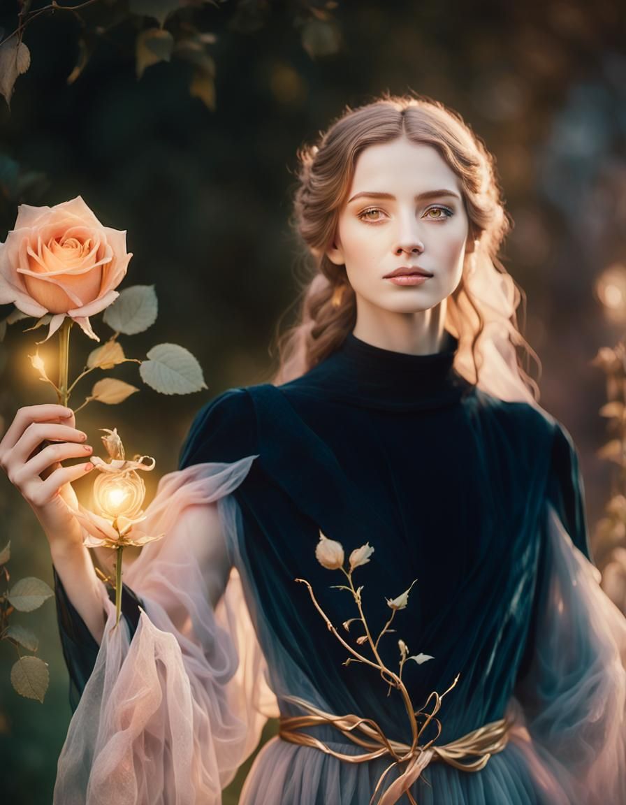 Woman with Enchanted Rose in Watercolor Style