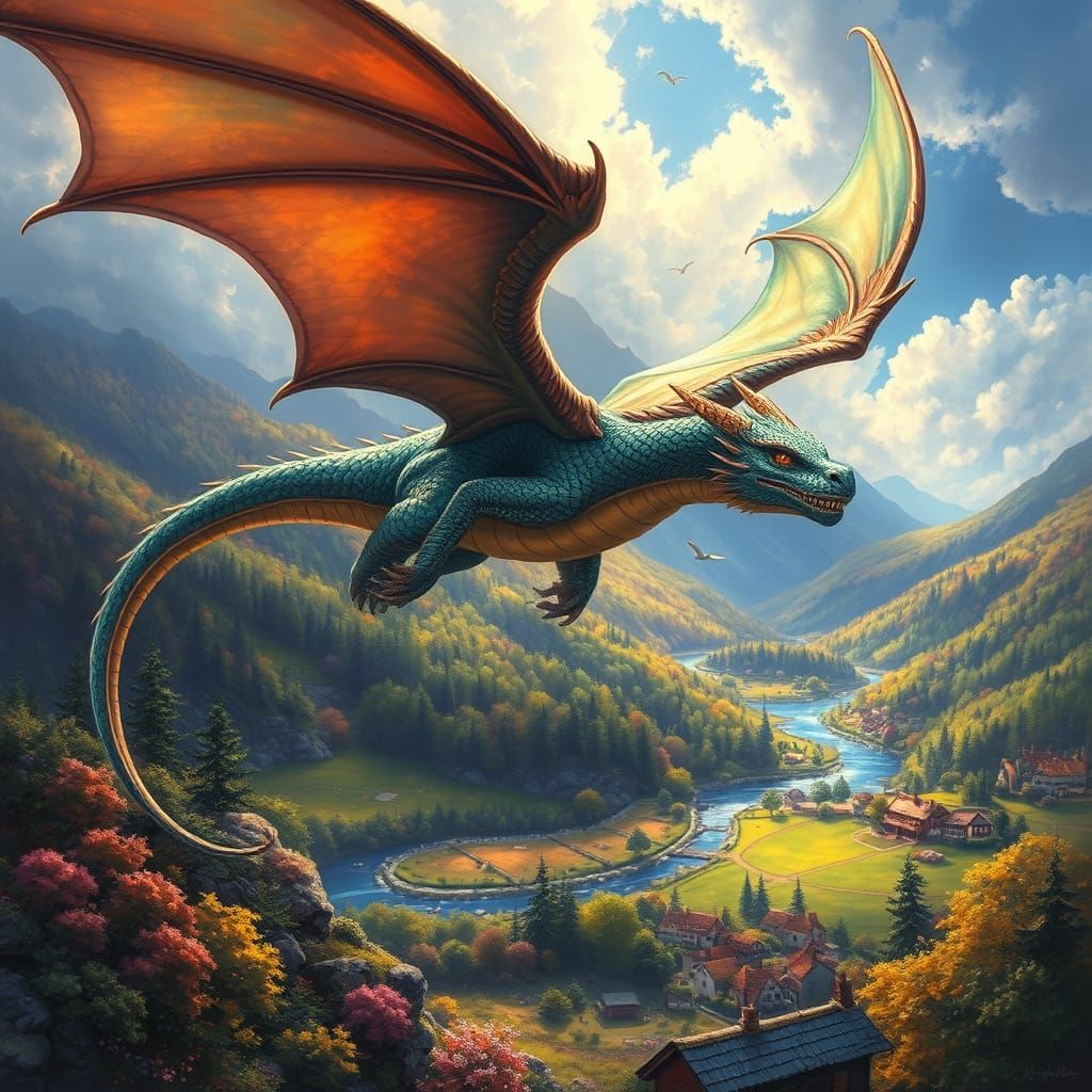 Dragon Flight over Idyllic Landscape in Luminist Style