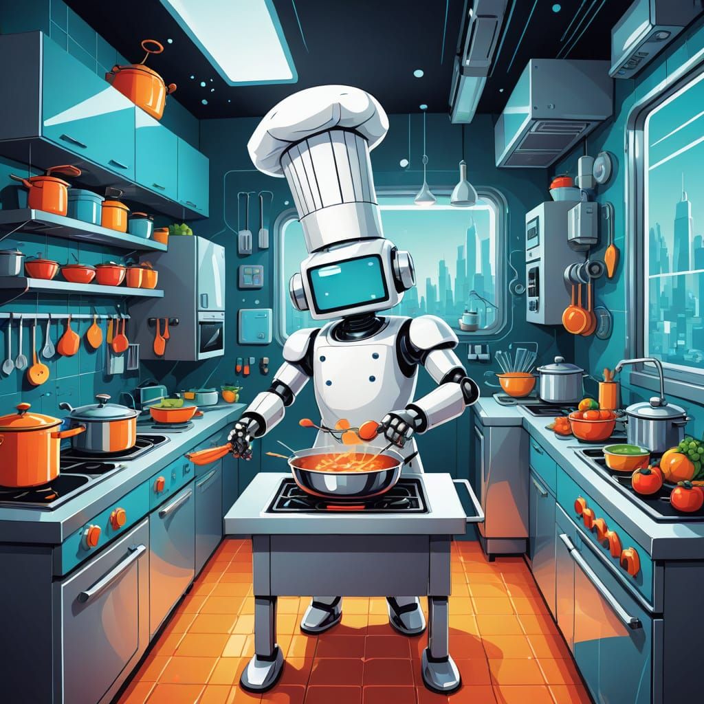Robot Chef Cooks in Futuristic Kitchen: 2D Cartoon Art