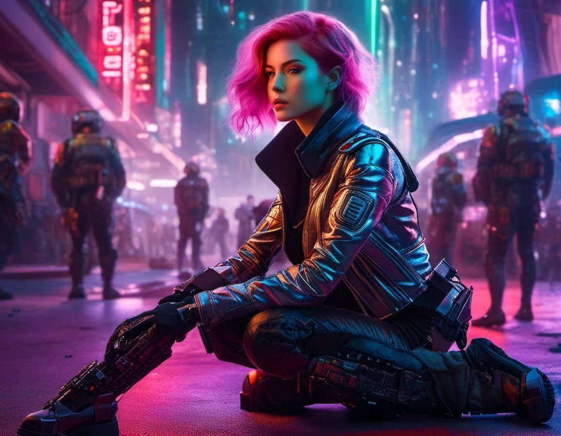 Futuristic Warrior in Neon Cityscape