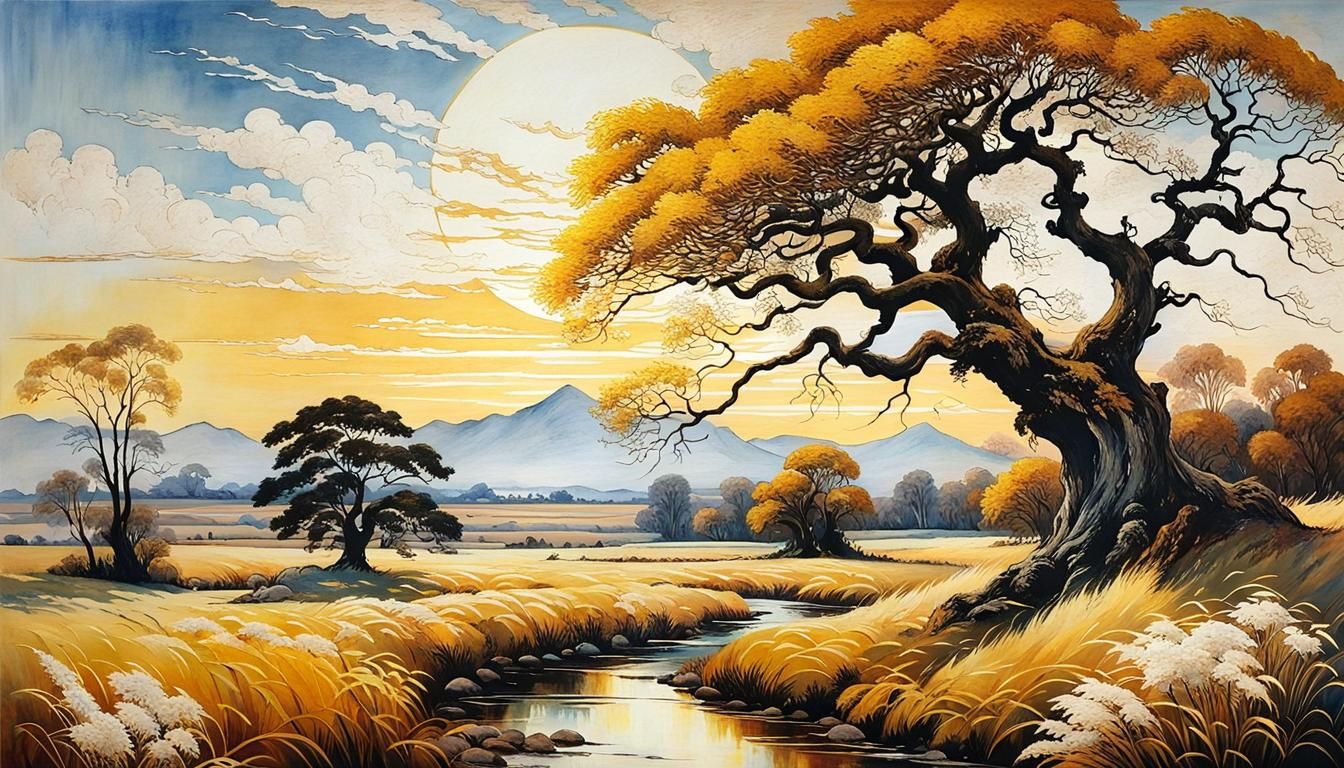Majestic Tree in Golden Afternoon, Ink Art