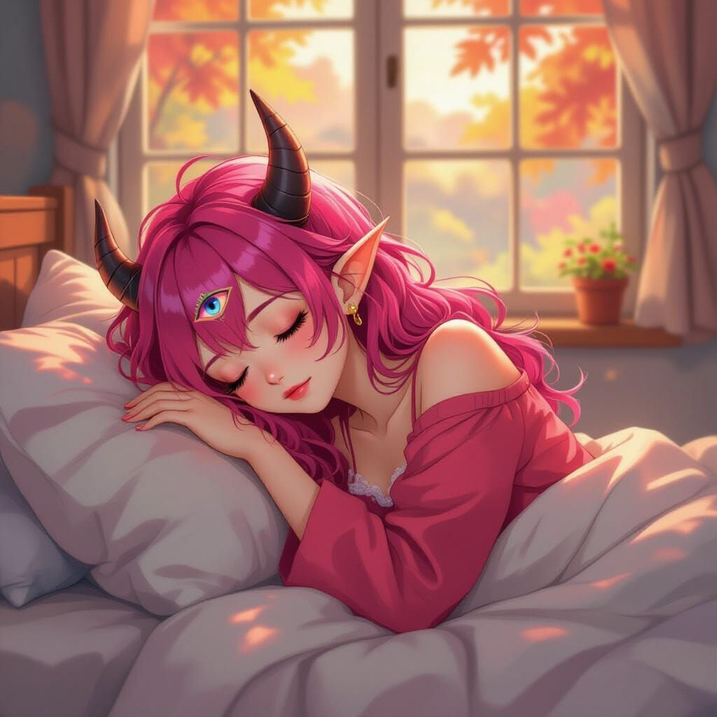 Anime Woman Sleeping Peacefully with Pink Hair and Horns
