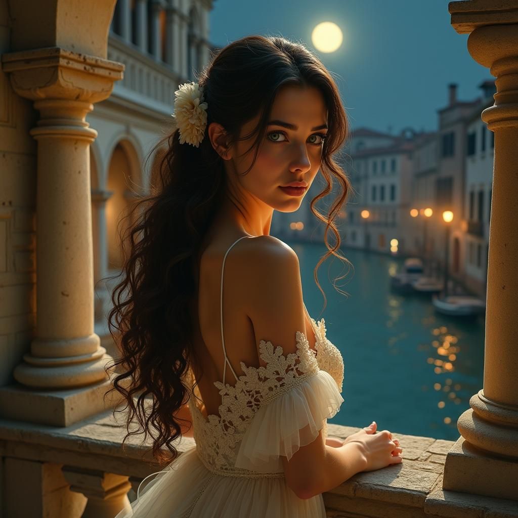 Woman on Balcony Overlooking Moonlit Venice