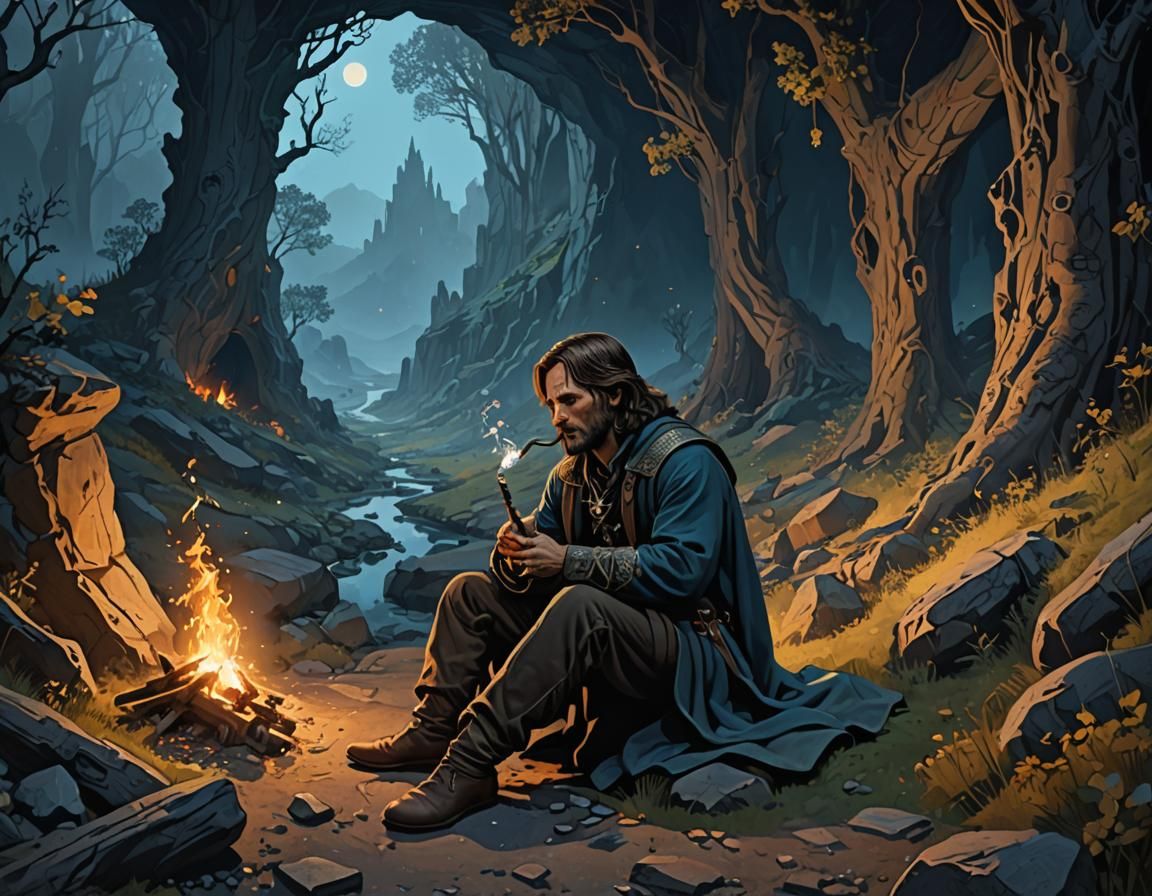Aragorn Smoking Pipe in Moonlit Forest