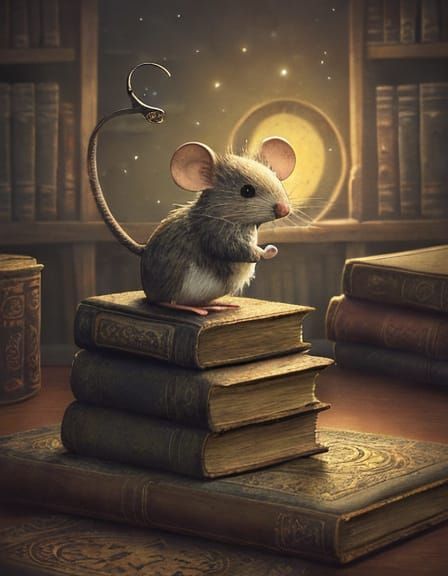 Rocker Mouse Pondering Secrets in Dusty Library