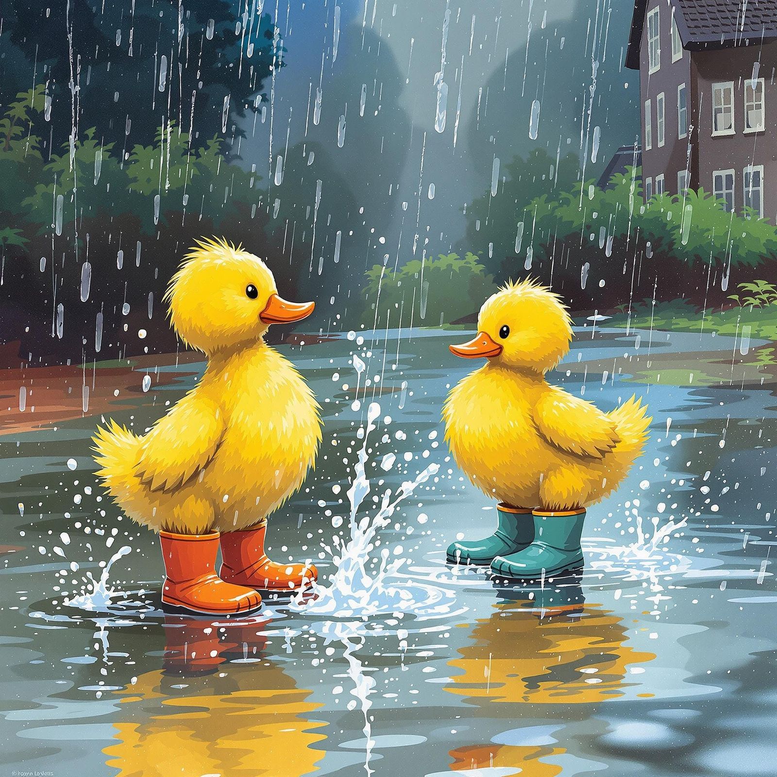 Ducks in Wellingtons Splash in Rainy Puddle