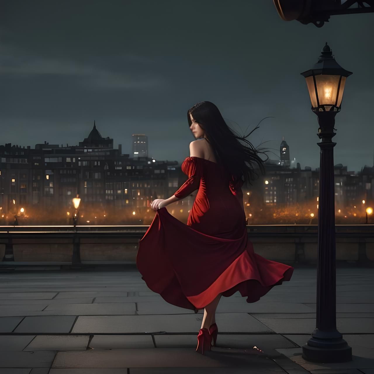 Girl in Red Dress Twirling in City Park