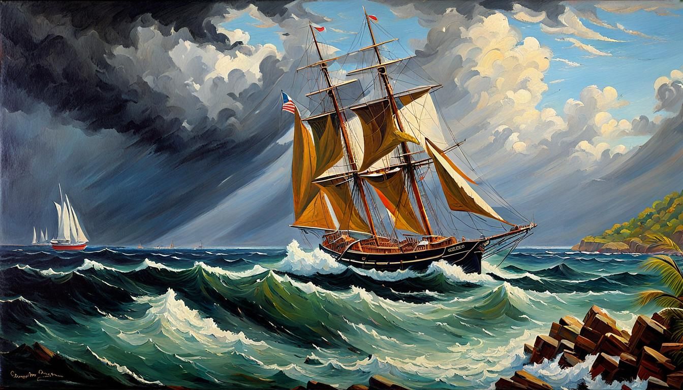 Schooner in Caribbean Stormy Seas Oil Painting