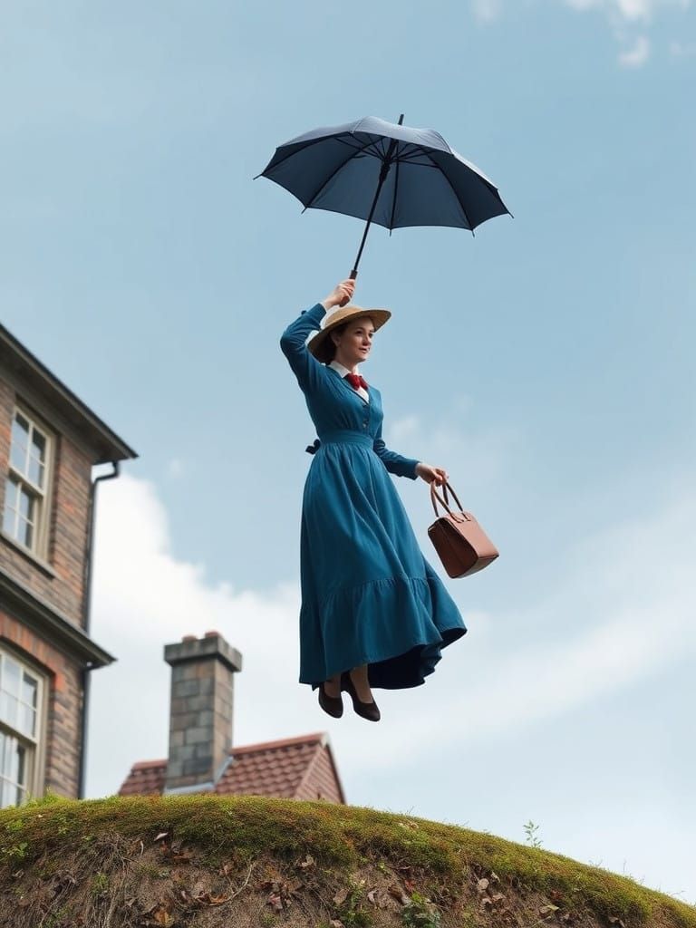 Timeless Mary Poppins Descends with Umbrella and Bag in Vict...