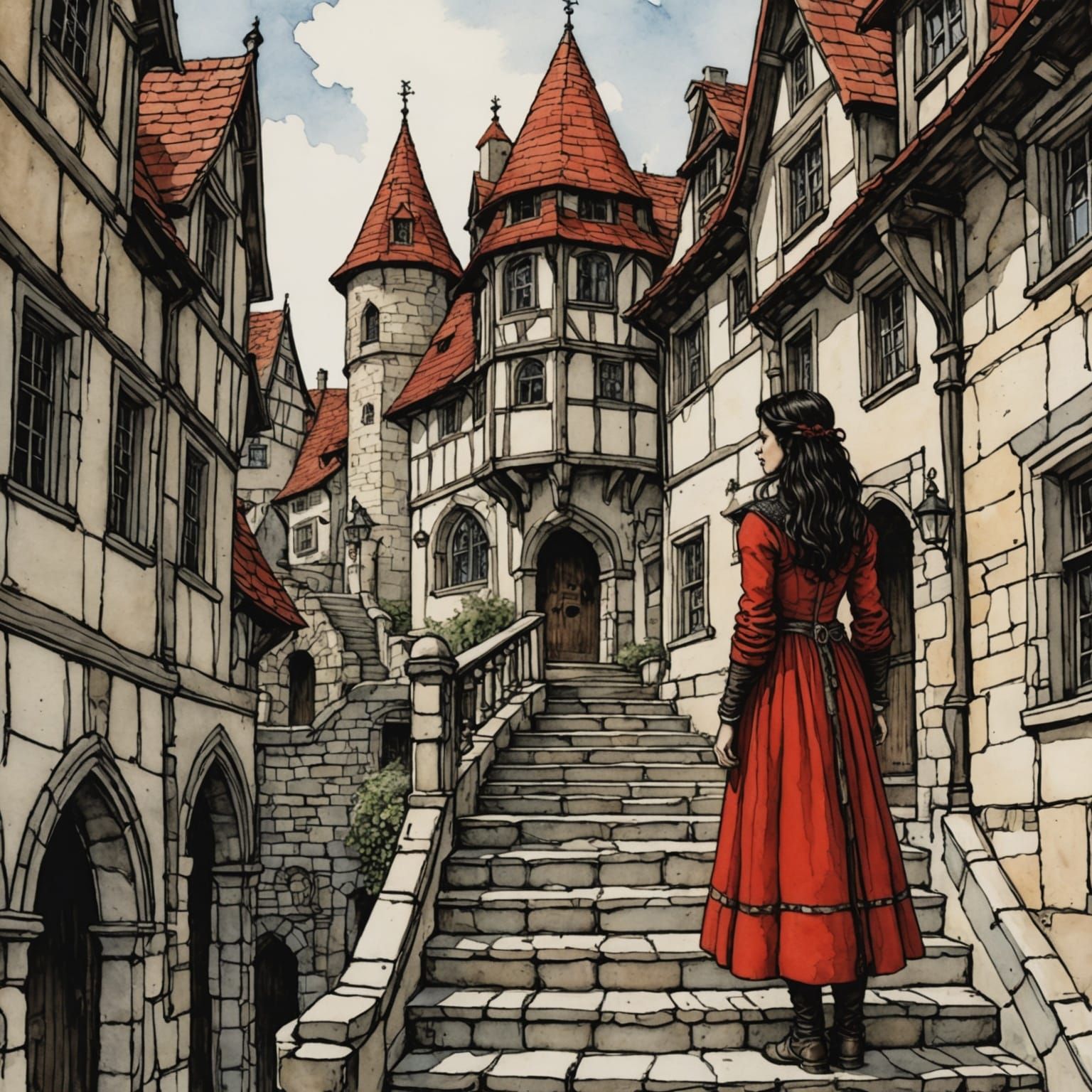 Medieval Girl on Stairs: Storybook Illustration