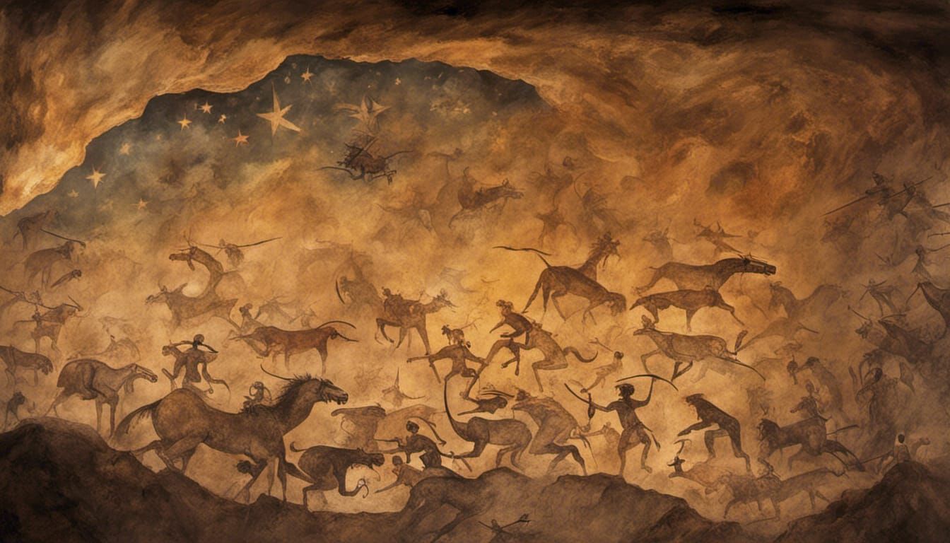 Cave Painting of a massive battle at night