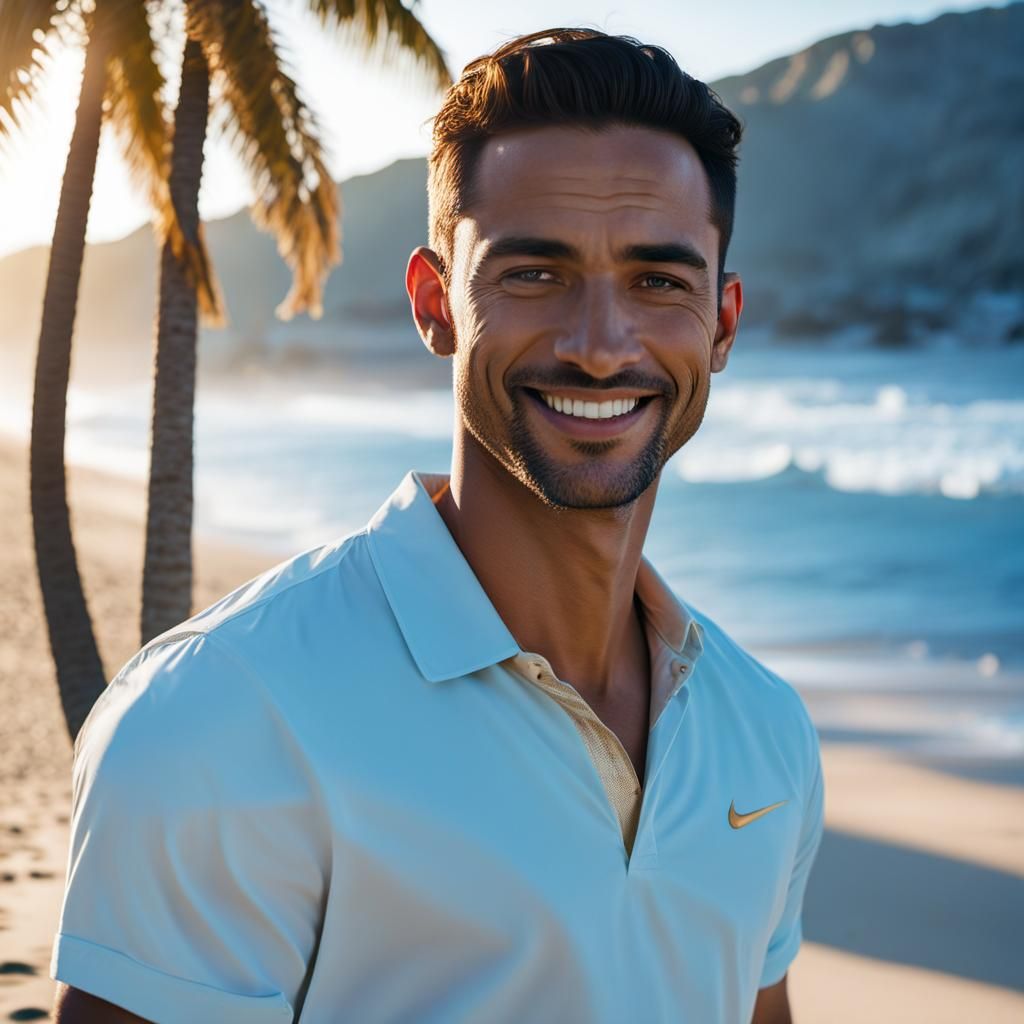Young Man Smiling on Sunny Beach in Cinematic Style