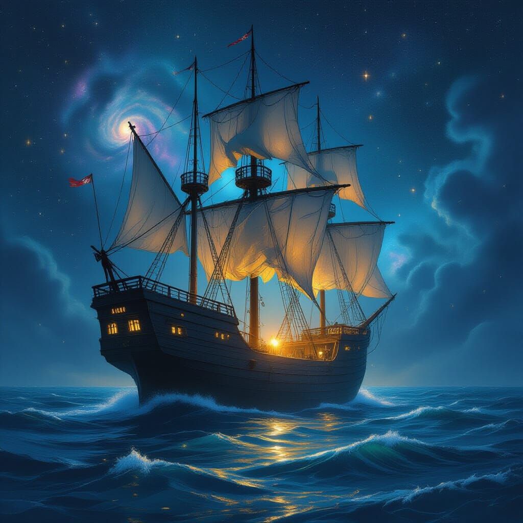 Ethereal Ghost Ship Sails Mystical Glowing Ocean