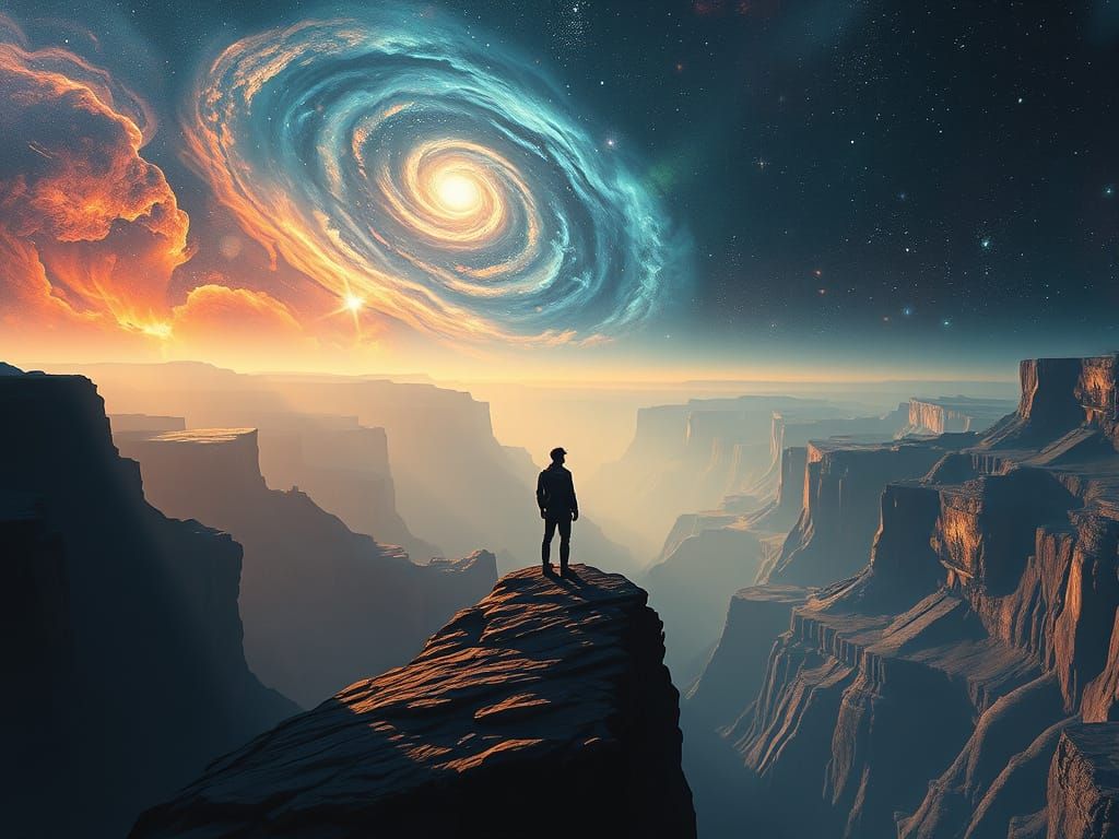 Ethereal Figure Gazing at Cosmic Canyon