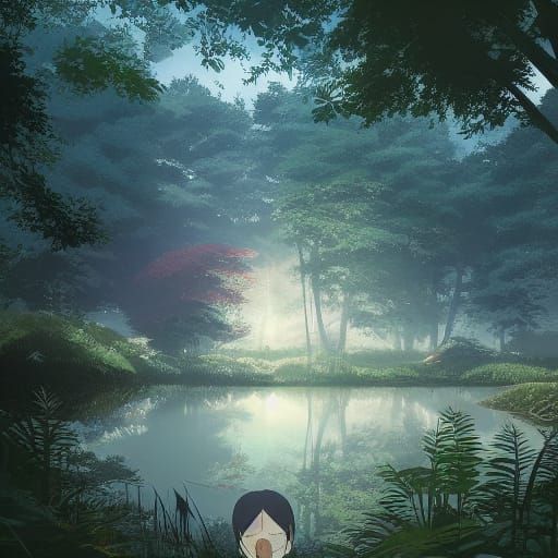Autumn Dawn at Evergreen Pond: Anime Art