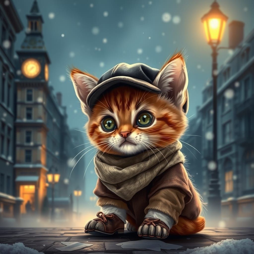 Cinematic Chibi Kitten as Oliver Twist in 19th Century Londo...