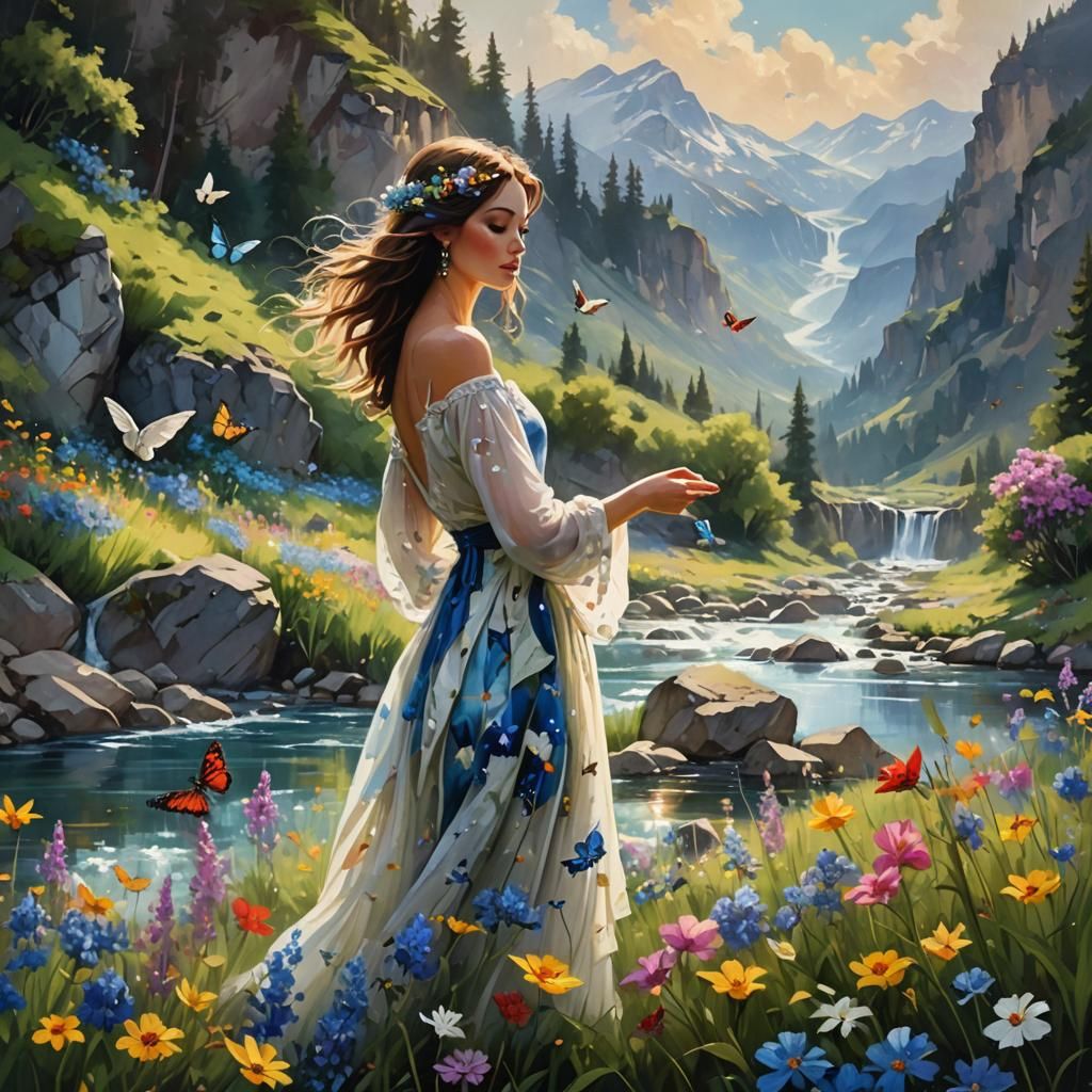 Lush Mountain River Landscape Inspired by Fine Art