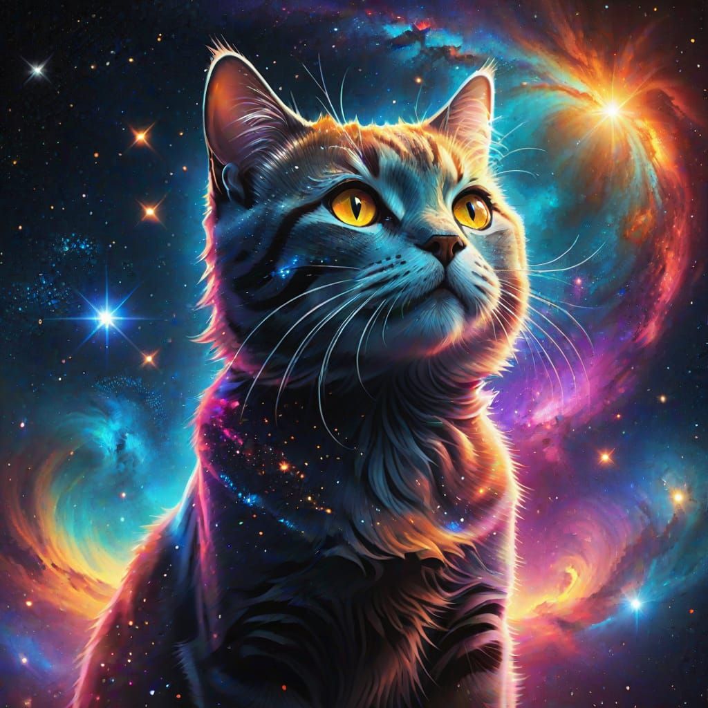 Happy Cat Silhouette with Inner Galaxy and Sparkles