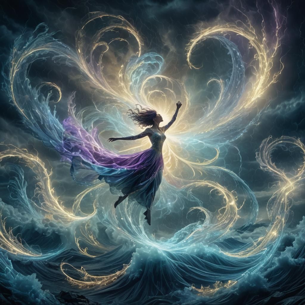 Luminous Figure Dancing in Storm: Digital Matte Painting