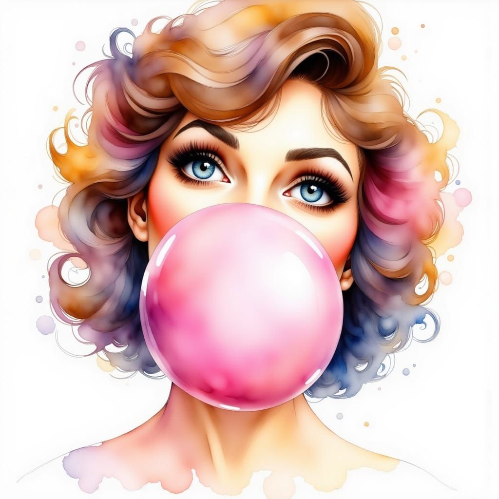 Watercolor Portrait of Woman Blowing Bubblegum